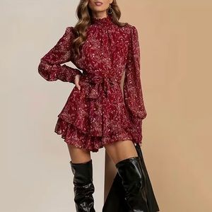 NWT Red Floral Print High Neck Mini Dress, Elegant Layered Ruffled Long Sleeve.